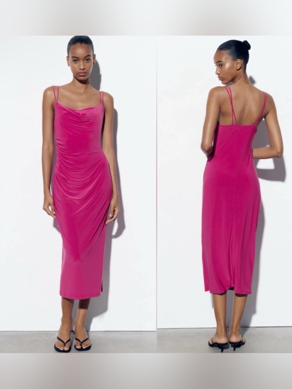 Zara Draped Neckline Midi Dress Sleeveless Blogger Favorite Fuchsia Sz S NWT